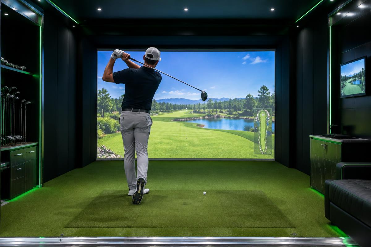 Golfer playing inside a premium mobile golf simulator